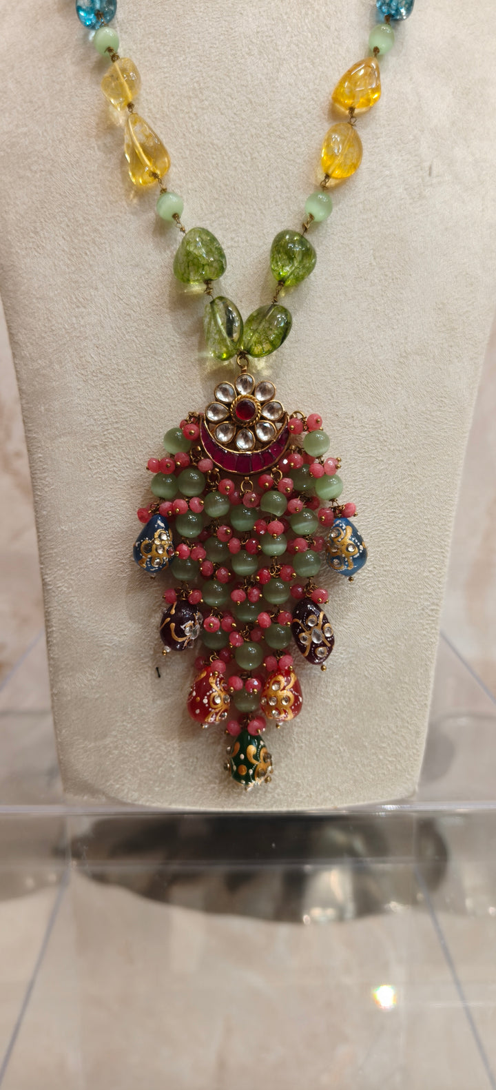 Multicolor Tumble Bead Statement Necklace with Ornate Pendant |Inaayat By Divya Taimni