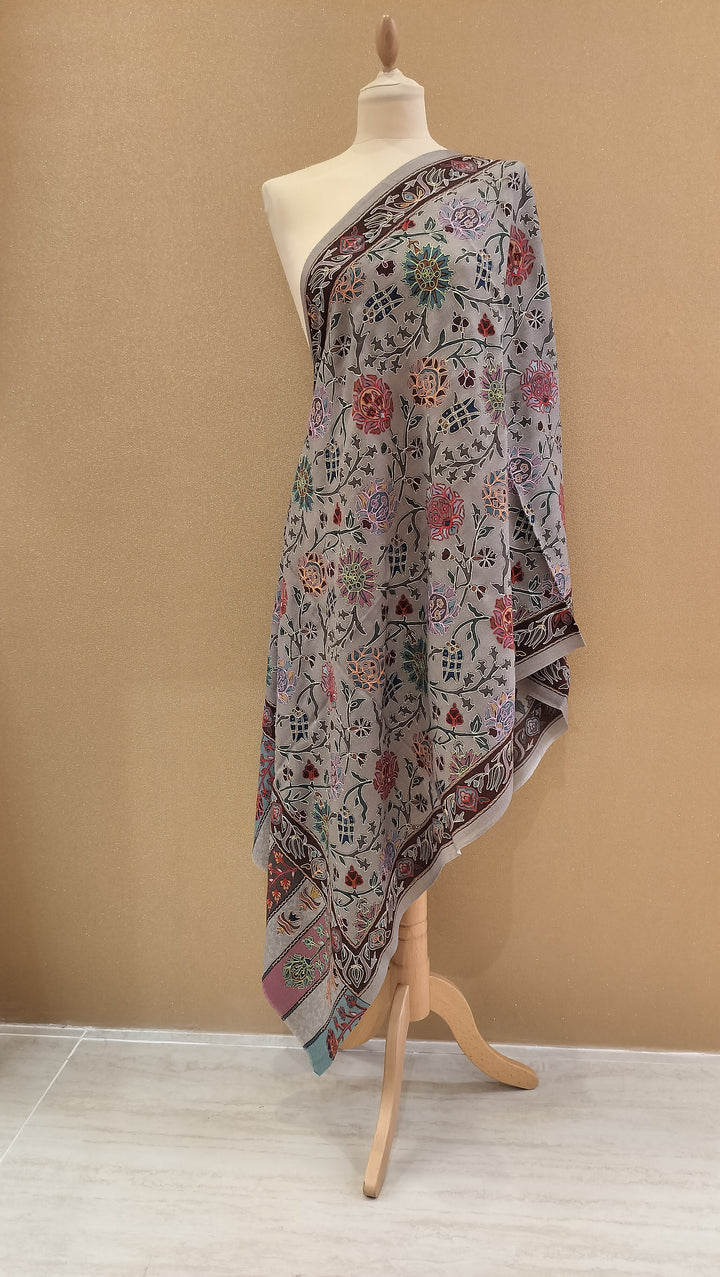Steel Grey Floral Embroidered  Wrap|House Of Inaayat
