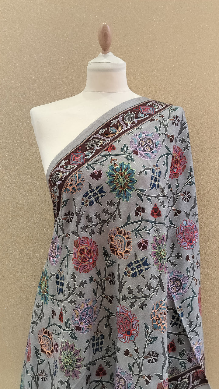Steel Grey Floral Embroidered  Wrap|House Of Inaayat