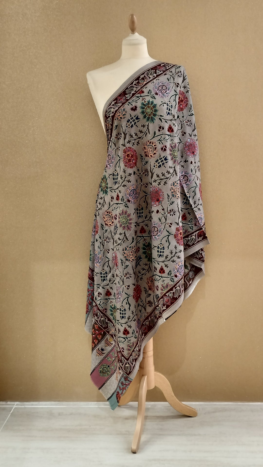 Steel Grey Floral Embroidered  Wrap|House Of Inaayat