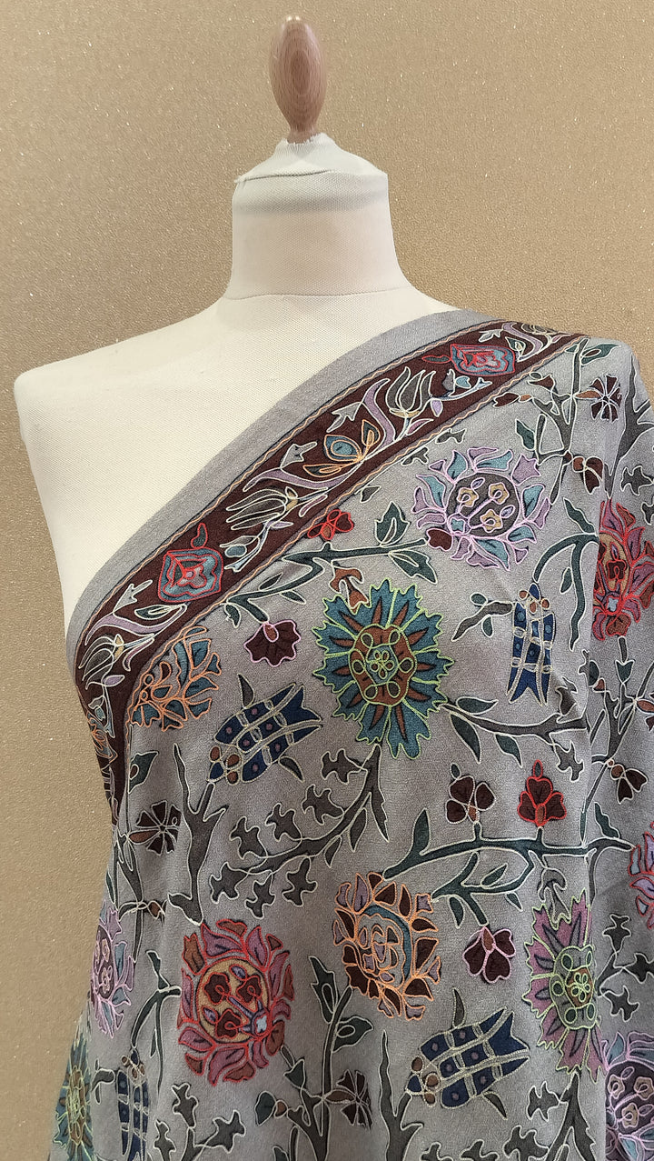 Steel Grey Floral Embroidered  Wrap|House Of Inaayat