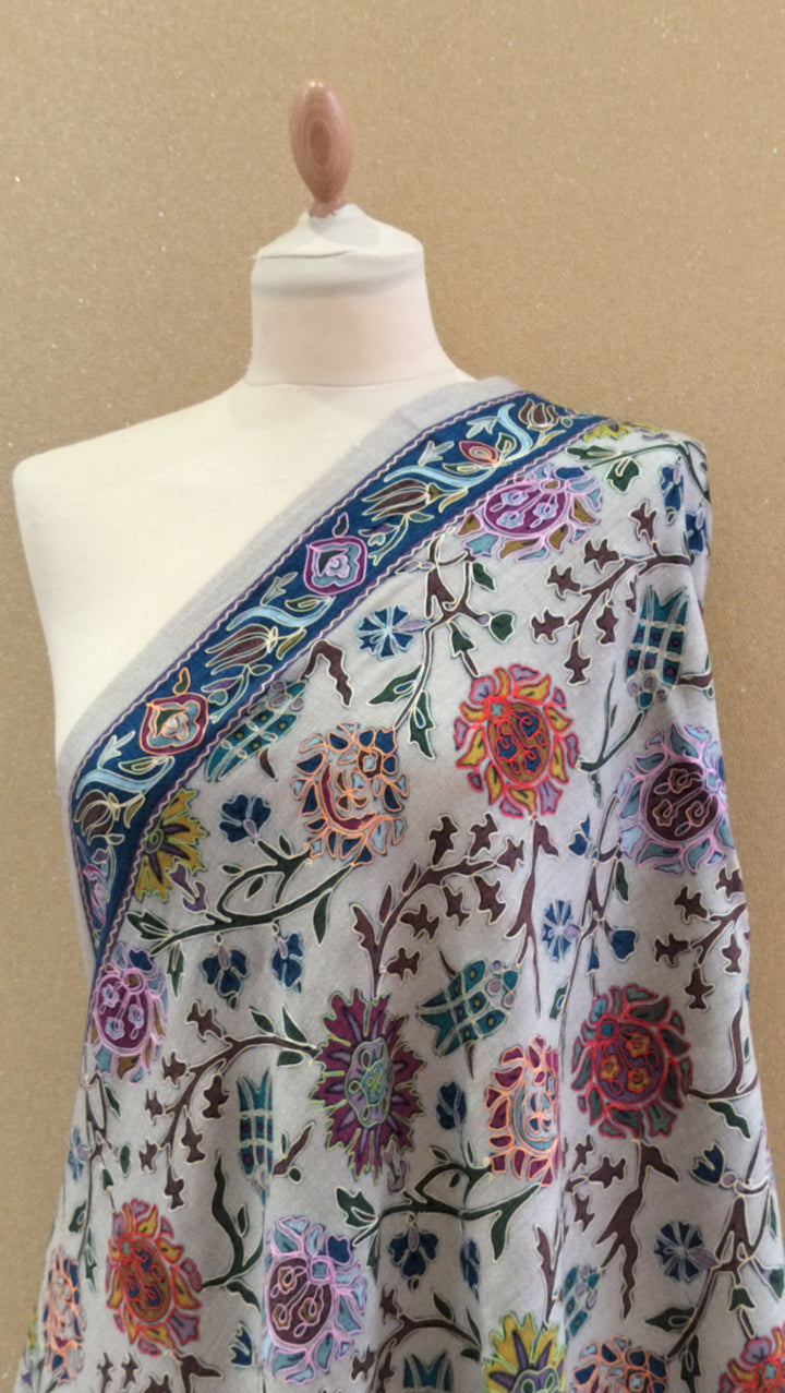 Cloud Grey Floral Jaal Embroidered Wrap|House Of Inaayat