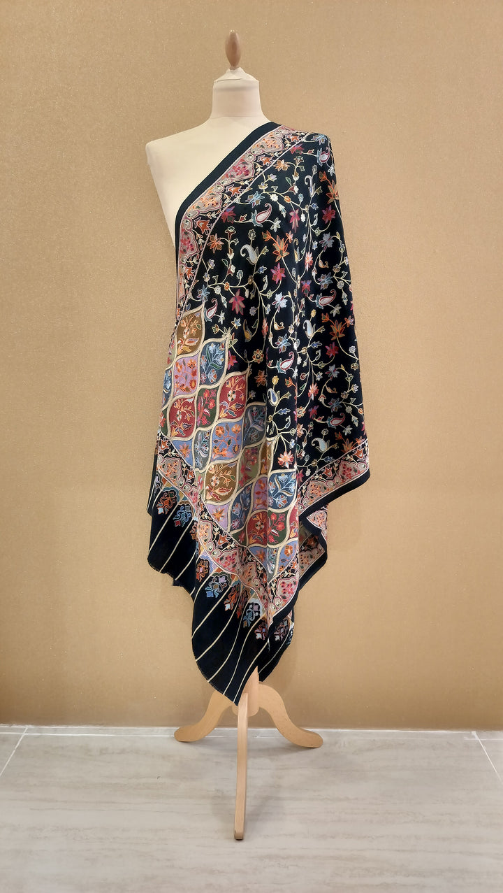 Midnight Onyx Floral Mosaic Embroidered Wrap|House Of Inaayat