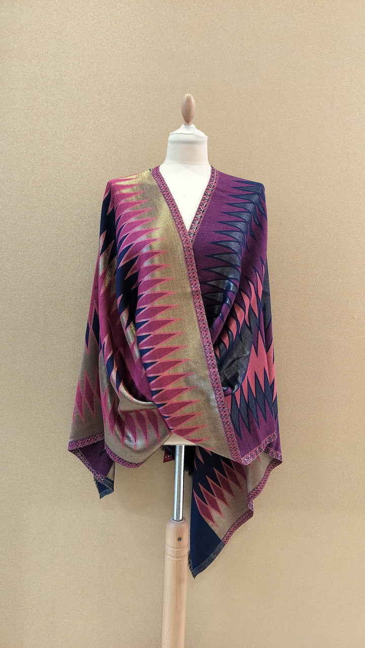 Magenta and Champagne Reversable Zari Ikat Scarf |House of Inaayat