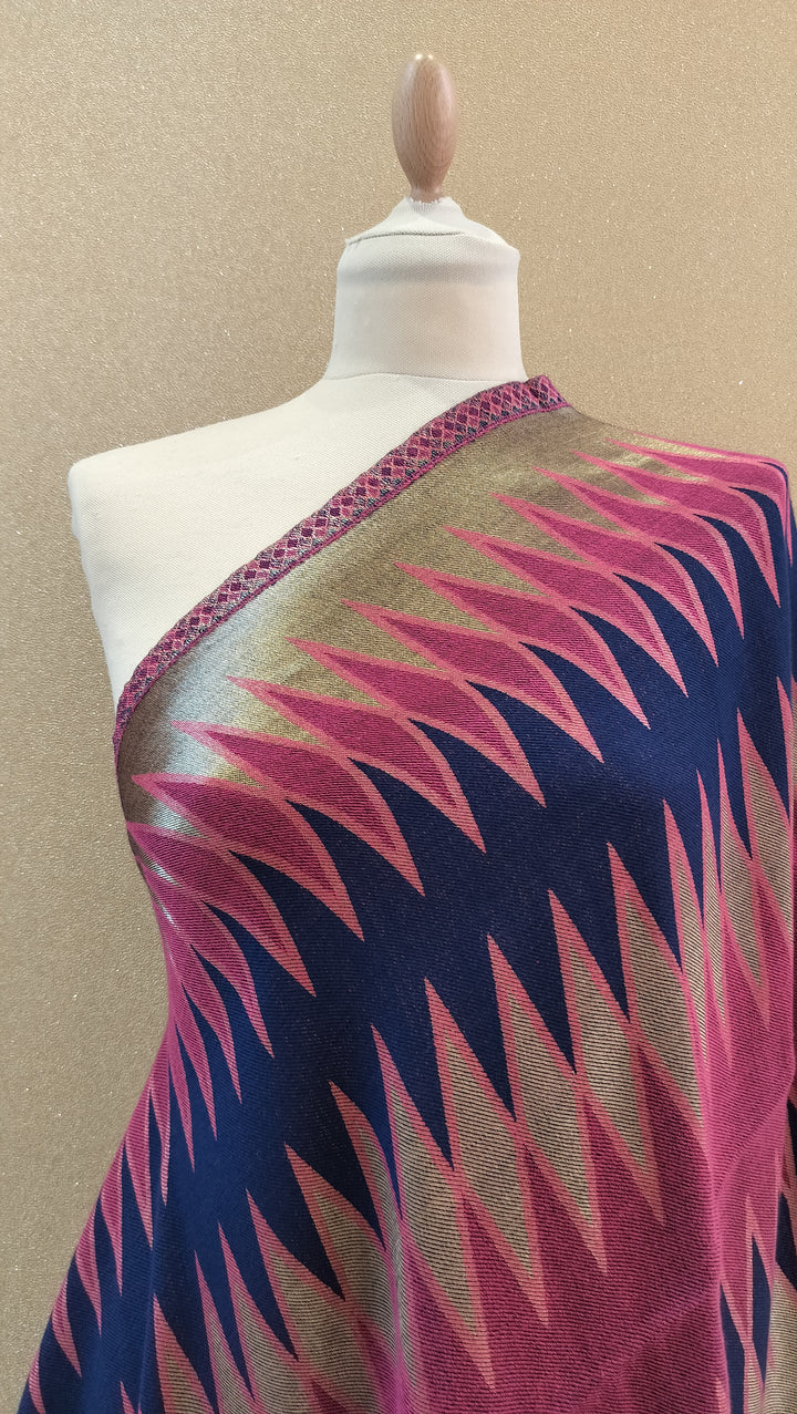 Magenta and Champagne Reversable Zari Ikat Scarf |House of Inaayat