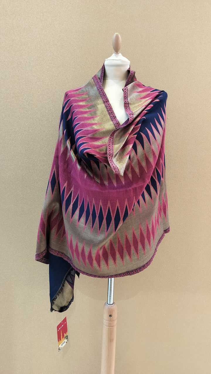 Magenta and Champagne Reversable Zari Ikat Scarf |House of Inaayat