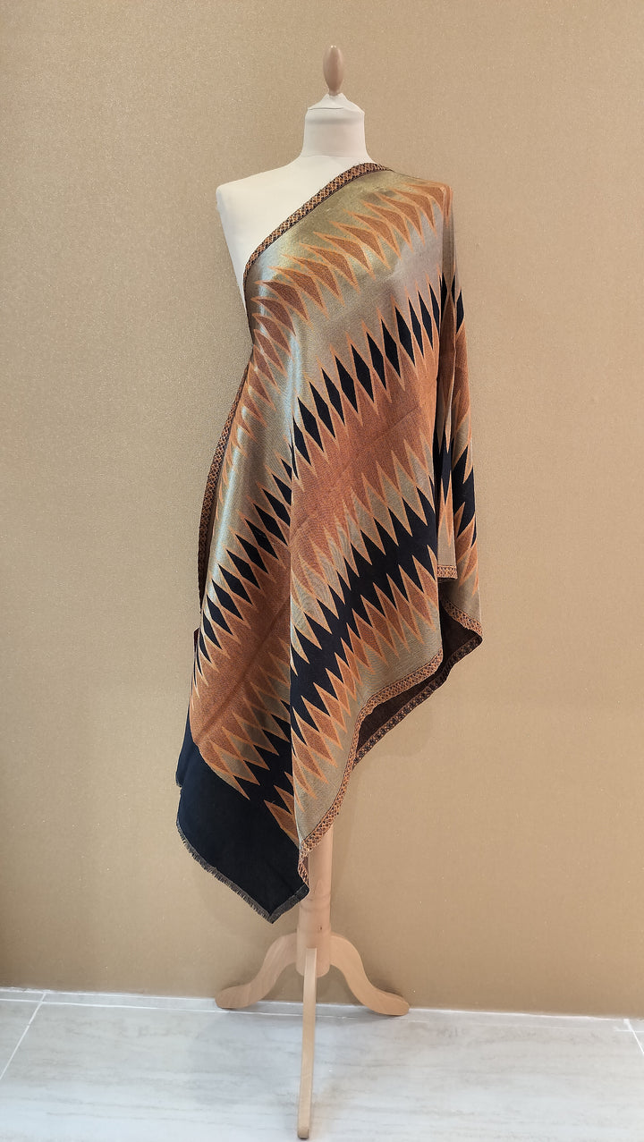Copper and Bronze Reversable Zari Ikat Scarf |House of Inaayat