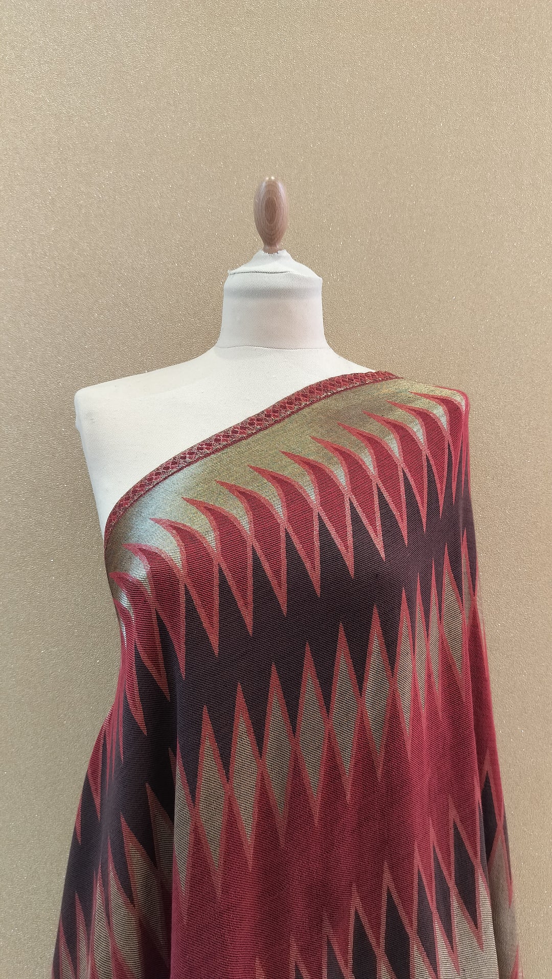 Ruby Antique Gold Reversable Zari Ikat Scarf |House of Inaayat