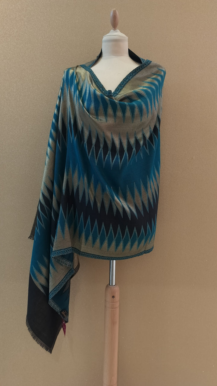 Imperial Teal Ikat Reversable Zari Scarf |House of Inaayat