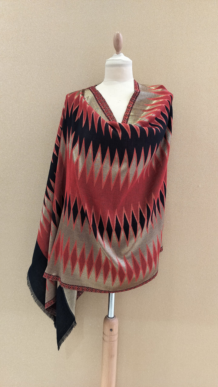 Scarlet and GoldReversable Zari Ikat Scarf |House of Inaayat