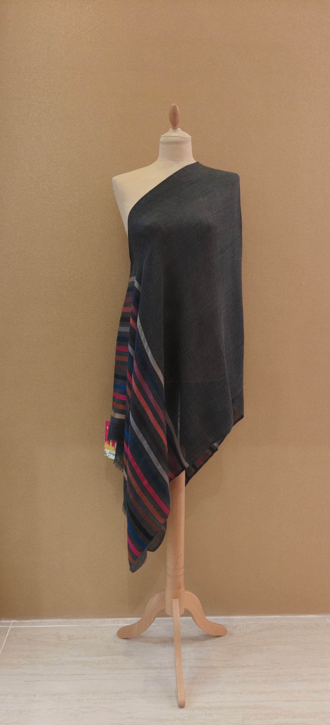 Elegant Charcoal with Multicolor Striped Scarf |House of Inaayat