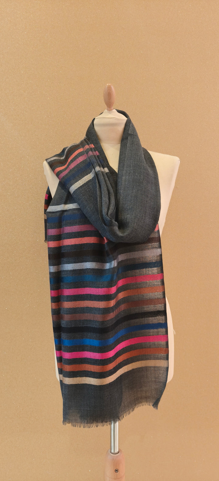 Elegant Charcoal with Multicolor Striped Scarf |House of Inaayat