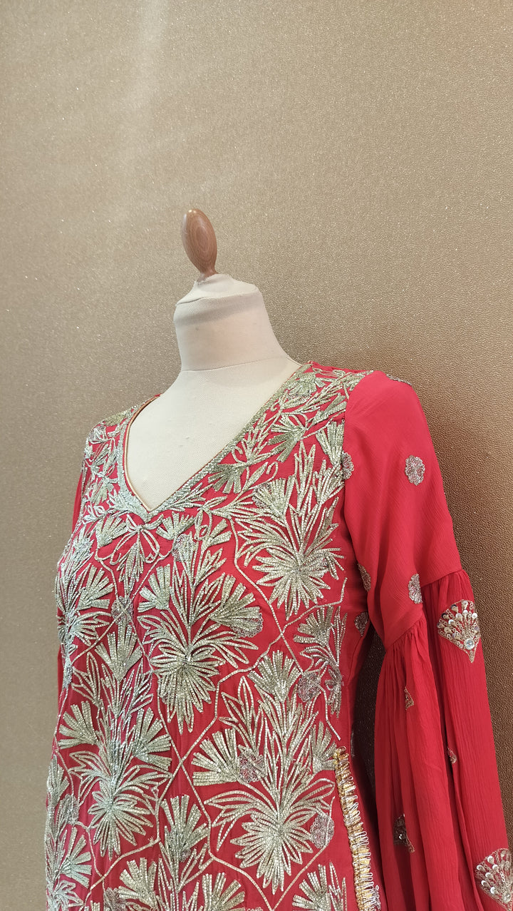 Crimson Gold Embroidered Sharara Set|Kuwarani Ritu