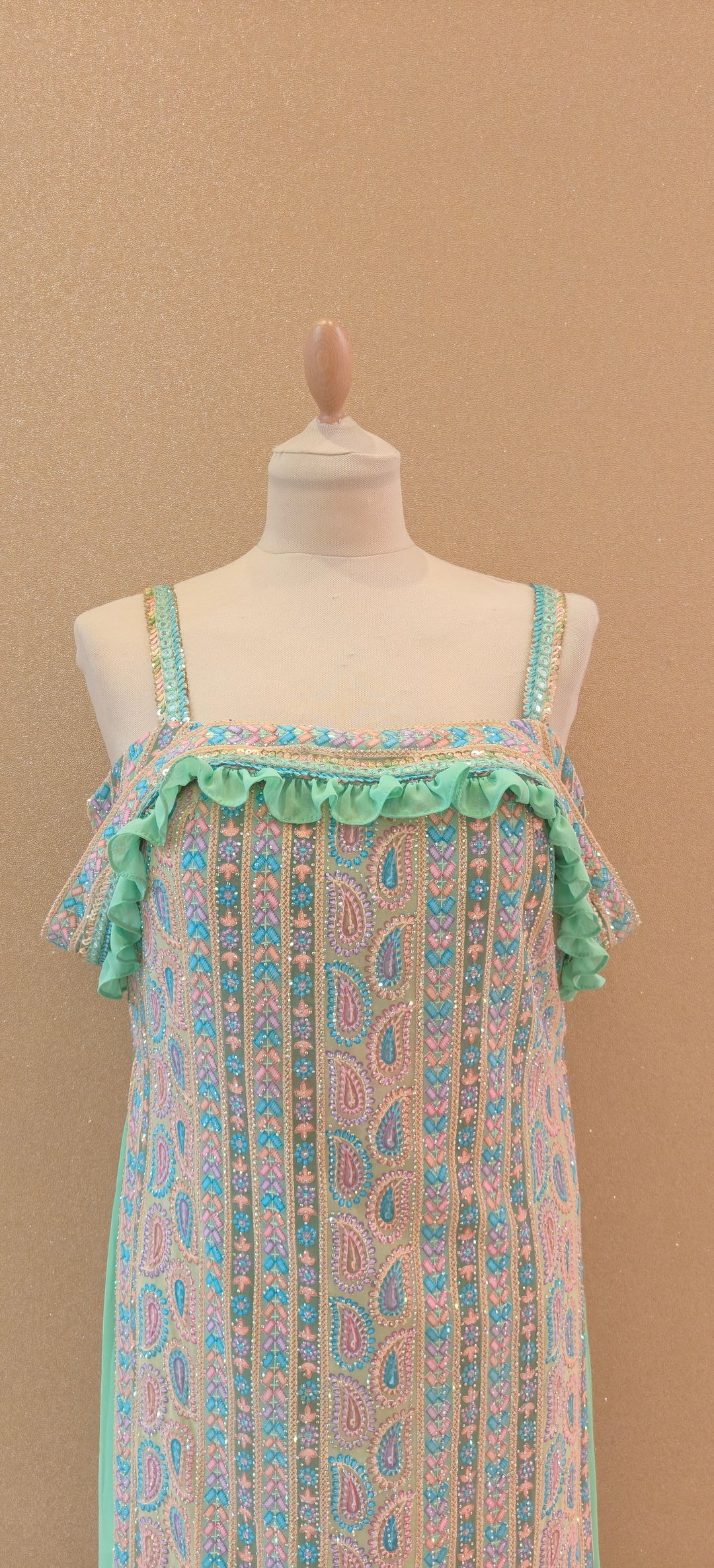 Lime Green and Multi Off-The-Shoulder Kurta with Ruffle Pants| Private Collections