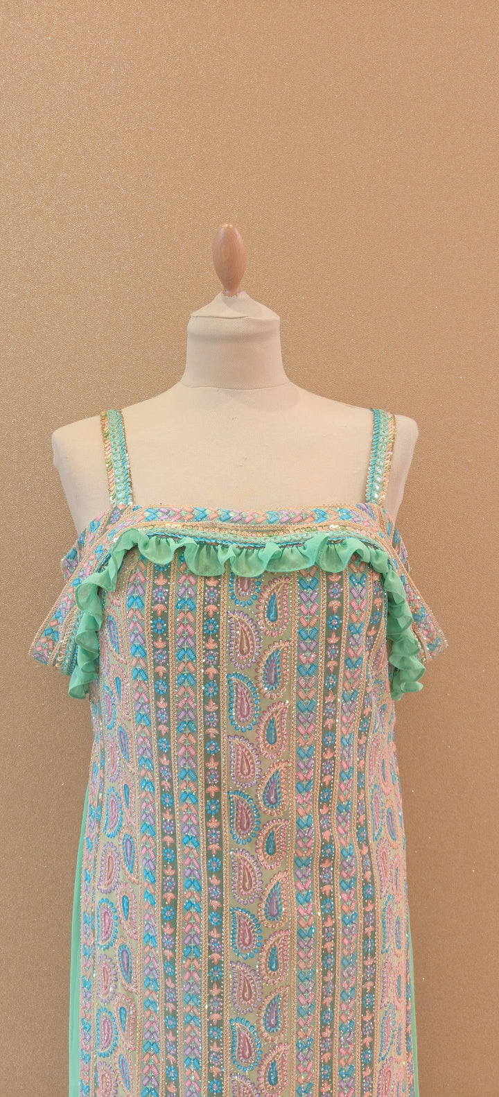 Lime Green and Multi Off-The-Shoulder Kurta with Ruffle Pants| Private Collections