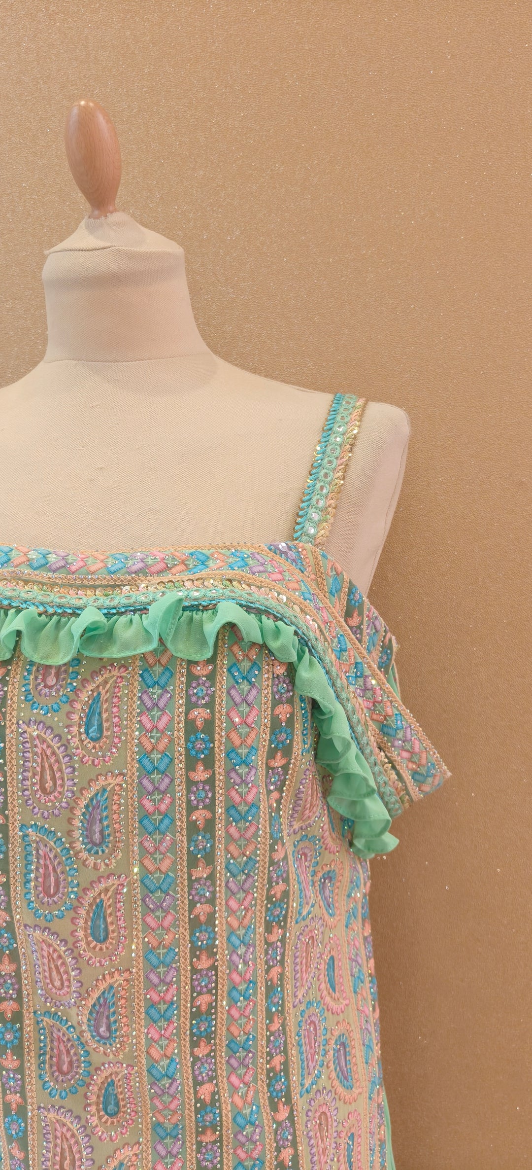 Lime Green and Multi Off-The-Shoulder Kurta with Ruffle Pants| Private Collections
