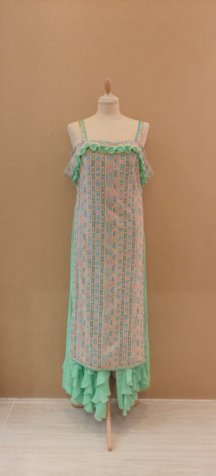 Lime Green and Multi Off-The-Shoulder Kurta with Ruffle Pants| Private Collections