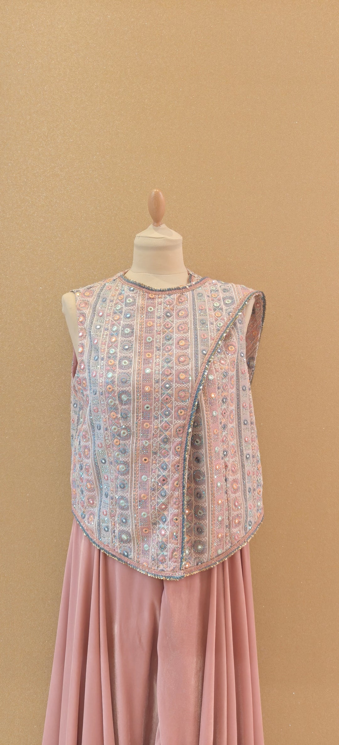 Rose Pink Draped Mirror Top and Velvet Drop Crotch Pant| Private Collections