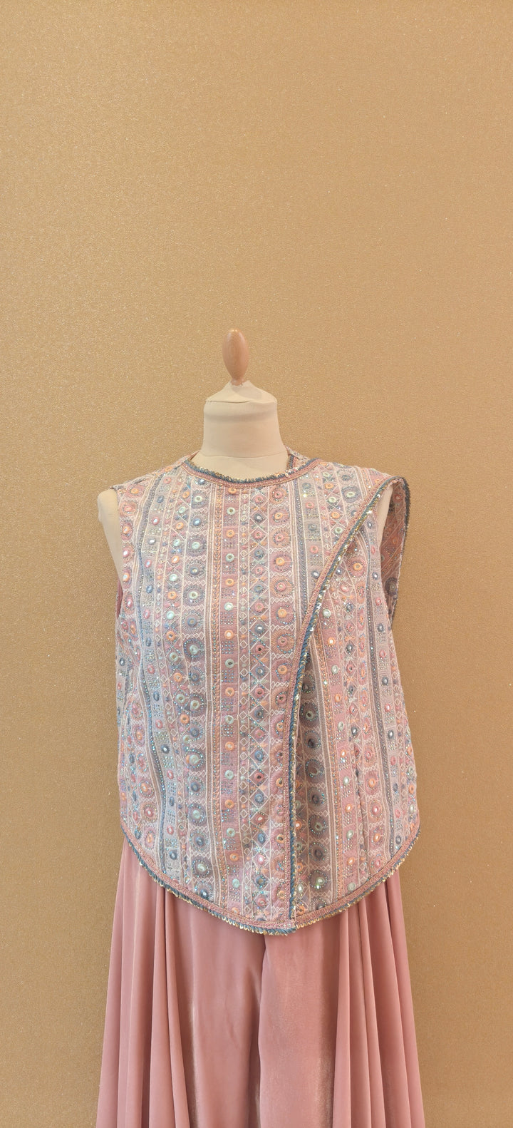 Rose Pink Draped Mirror Top and Velvet Drop Crotch Pant| Private Collections