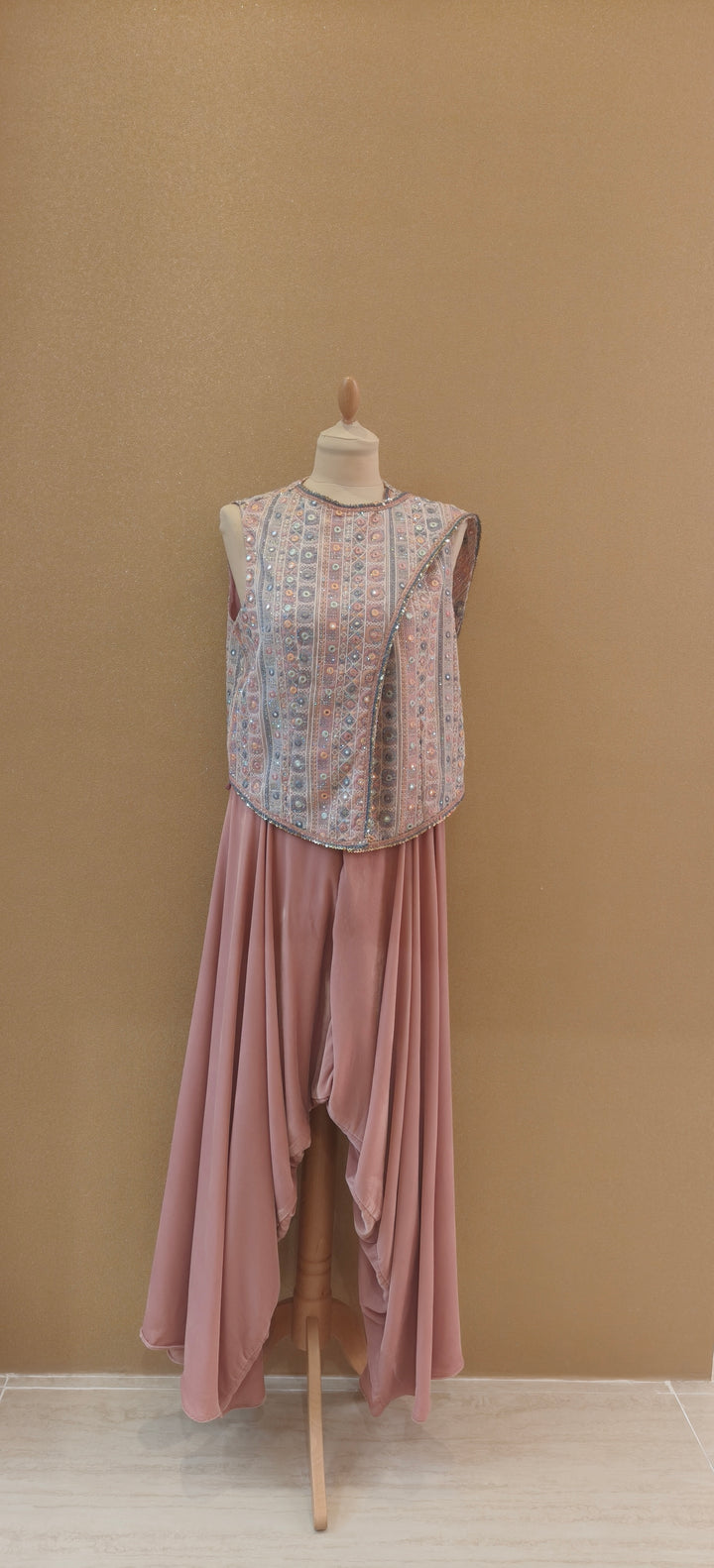 Rose Pink Draped Mirror Top and Velvet Drop Crotch Pant| Private Collections