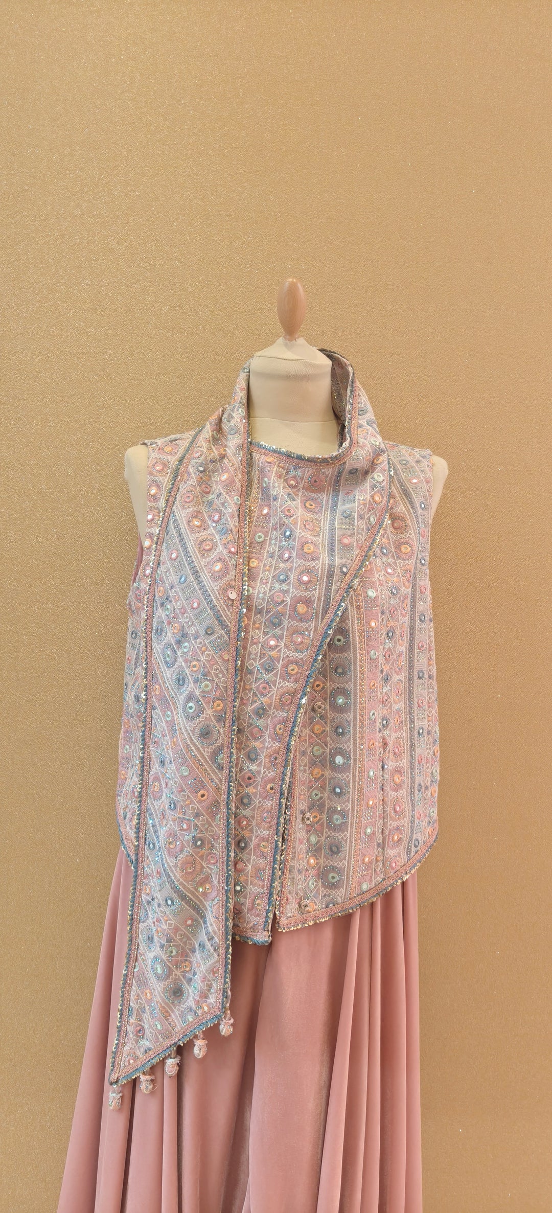 Rose Pink Draped Mirror Top and Velvet Drop Crotch Pant| Private Collections