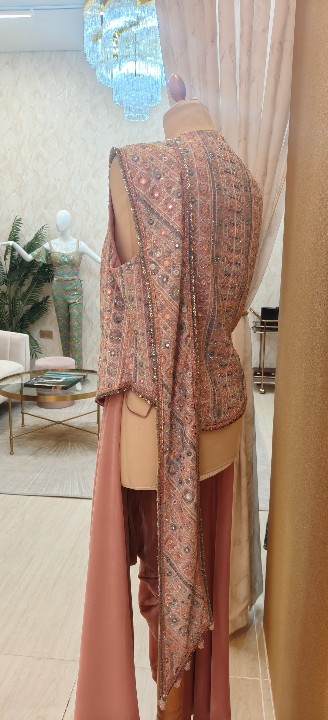 Rose Pink Draped Mirror Top and Velvet Drop Crotch Pant| Private Collections
