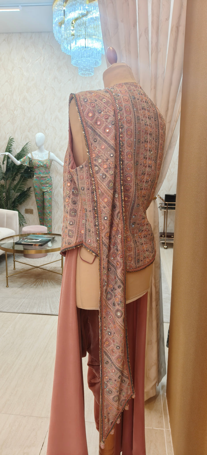 Rose Pink Draped Mirror Top and Velvet Drop Crotch Pant| Private Collections