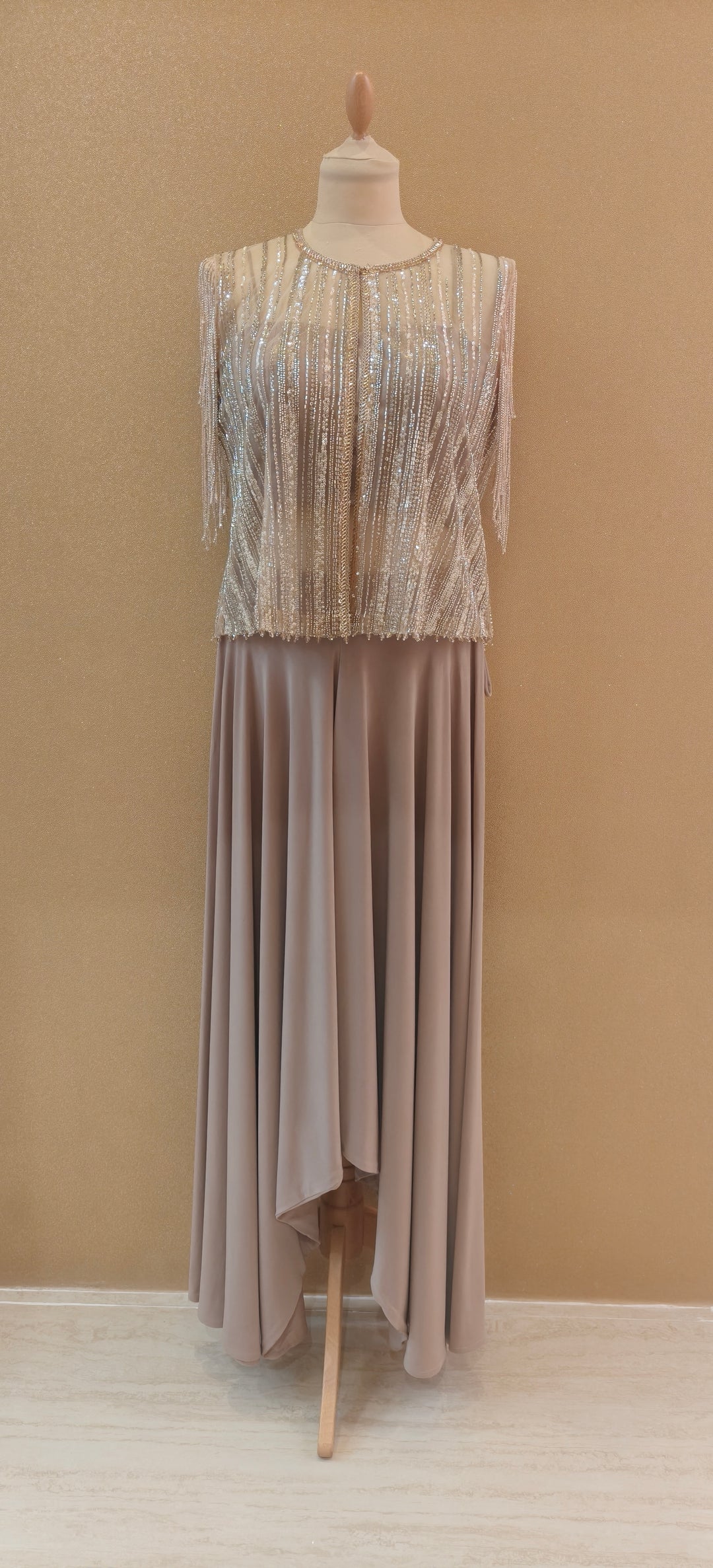 Pewter Tulle Jacket Diamonte Striped Jacket With Tube & Cream Drop Crotch Pants| Private Collections