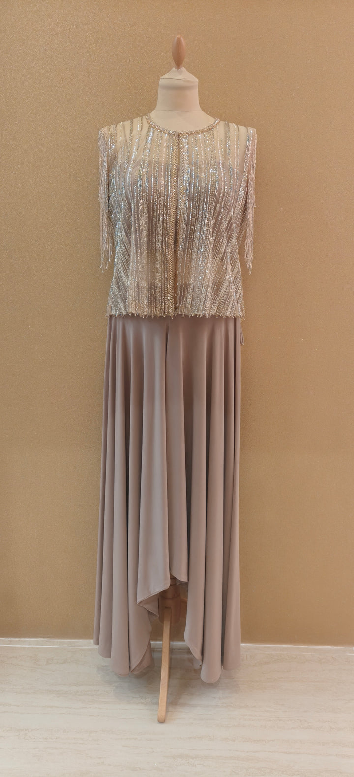 Pewter Tulle Jacket Diamonte Striped Jacket With Tube & Cream Drop Crotch Pants| Private Collections