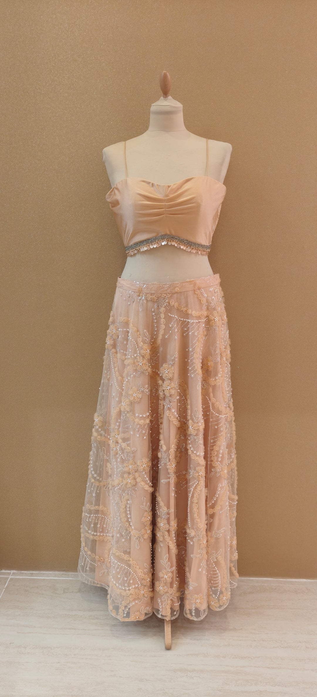 Peach Tulle Long Jacket Inner Top and Skirt| Private Collections