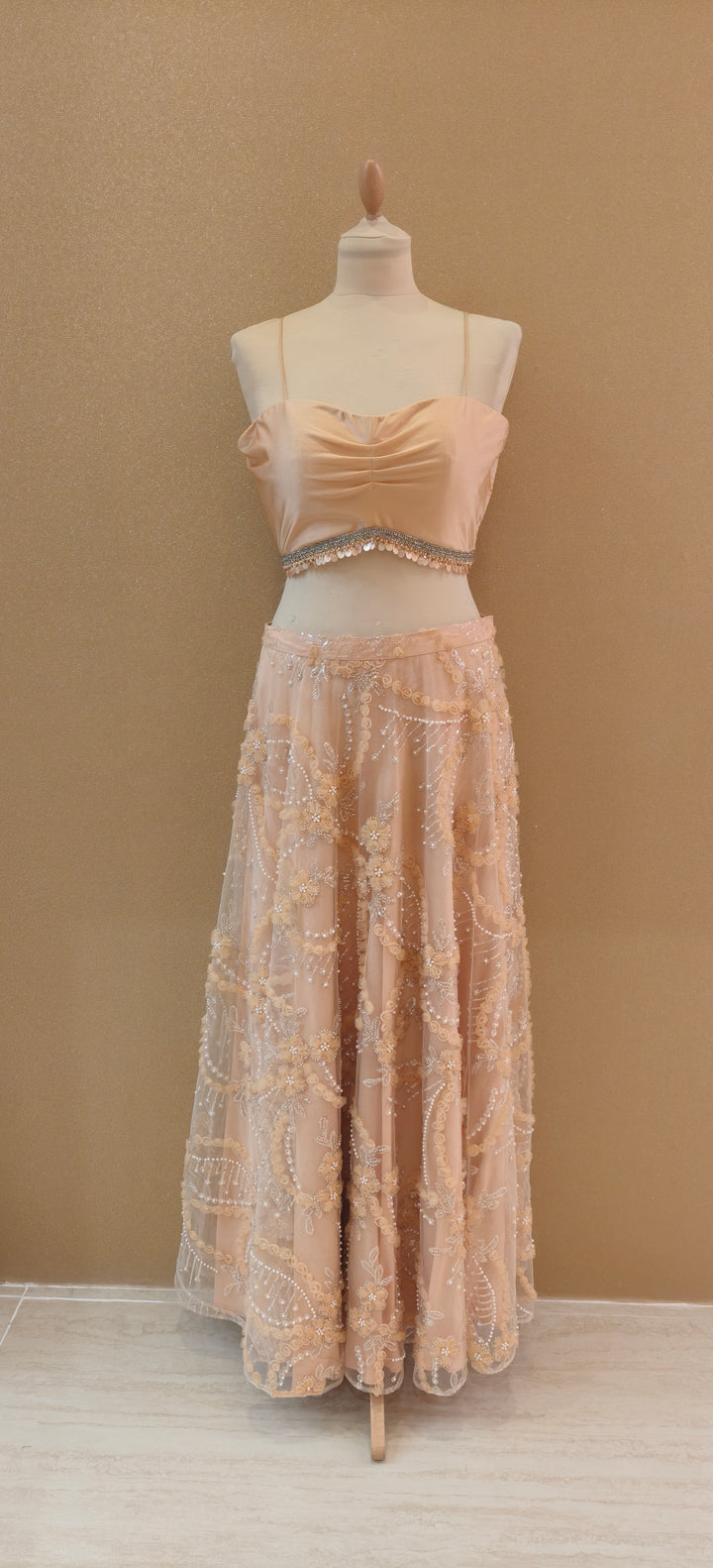 Peach Tulle Long Jacket Inner Top and Skirt| Private Collections