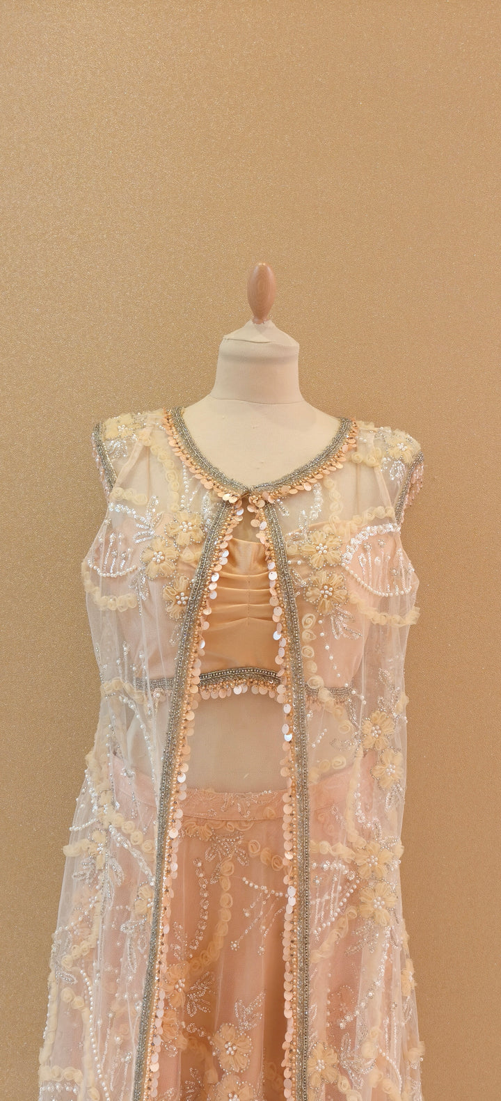 Peach Tulle Long Jacket Inner Top and Skirt| Private Collections