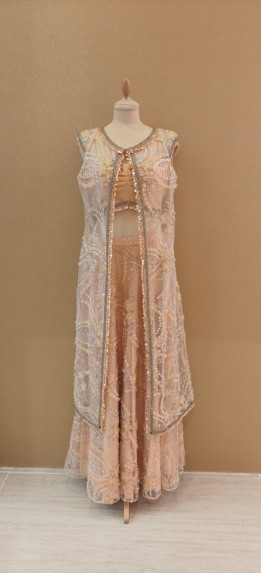 Peach Tulle Long Jacket Inner Top and Skirt| Private Collections