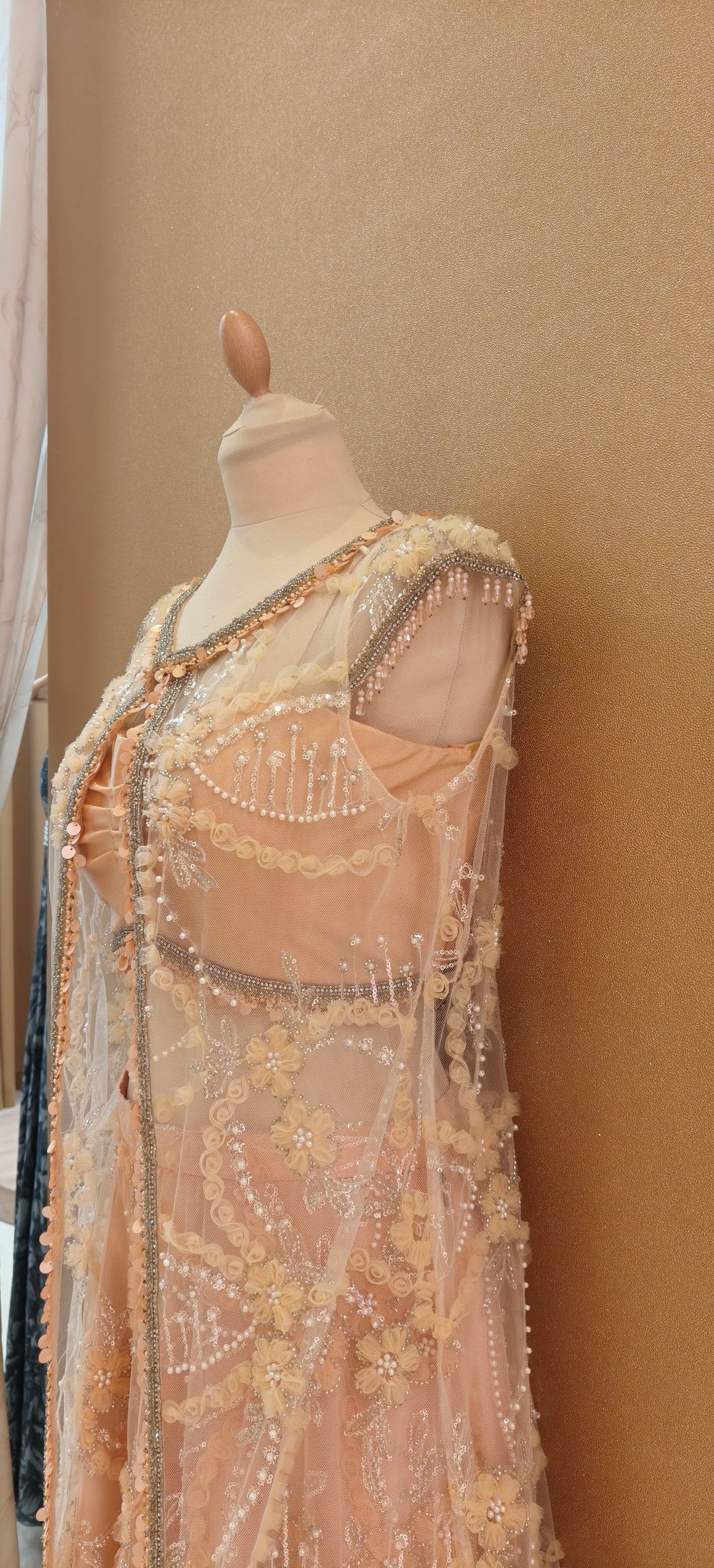 Peach Tulle Long Jacket Inner Top and Skirt| Private Collections