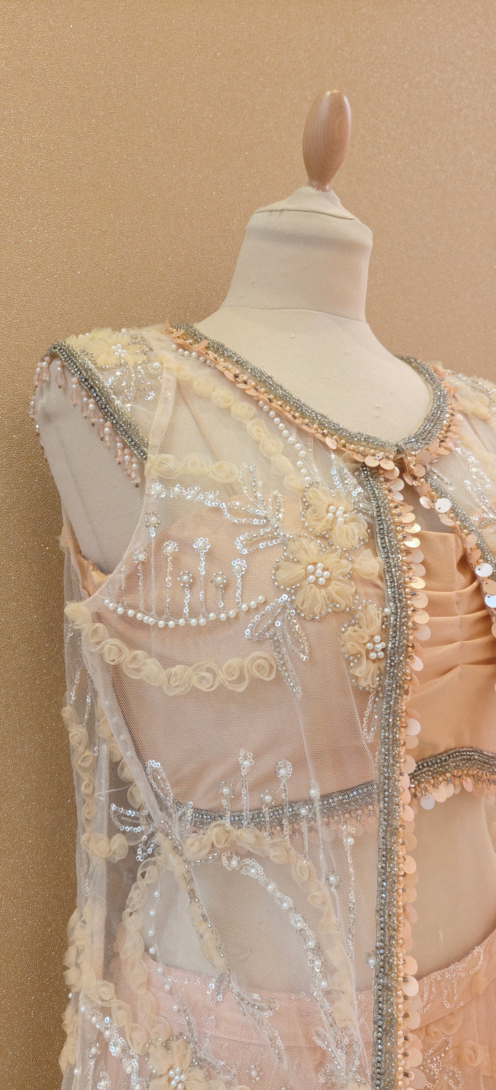 Peach Tulle Long Jacket Inner Top and Skirt| Private Collections