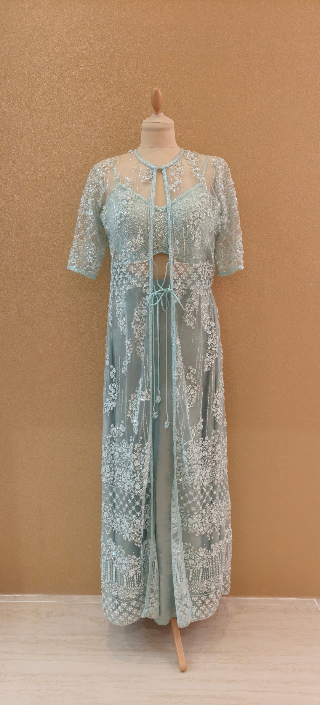 Powder Blue Embellished Three-Piece Indo-Western Set| Private Collections