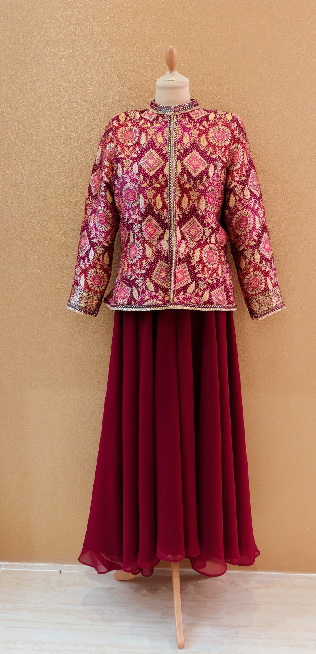Magenta bandhani jacket with a Georgette sharara| Private Collections