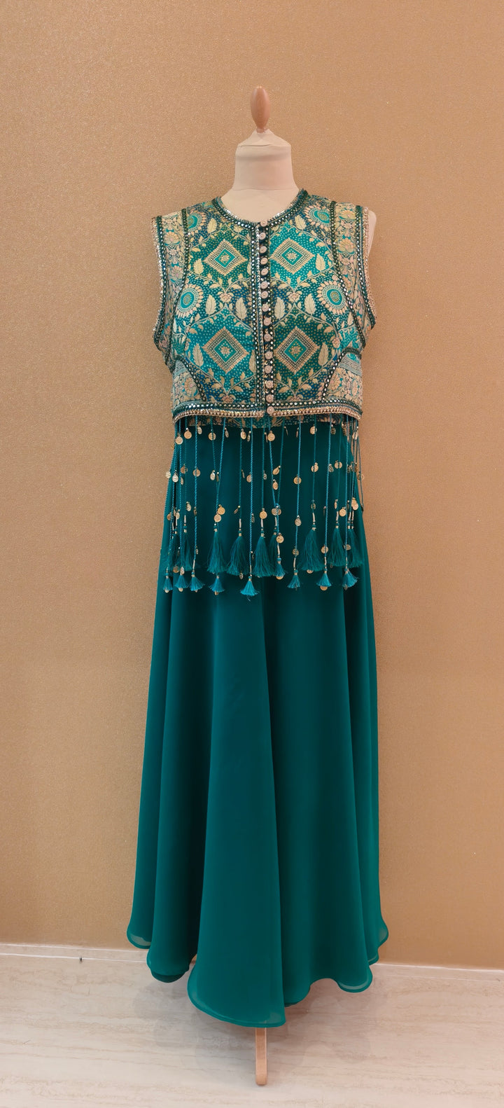 Rama Green Bandhani Gilet with Tassels, Tube and Georgette Sharara| Private Collections
