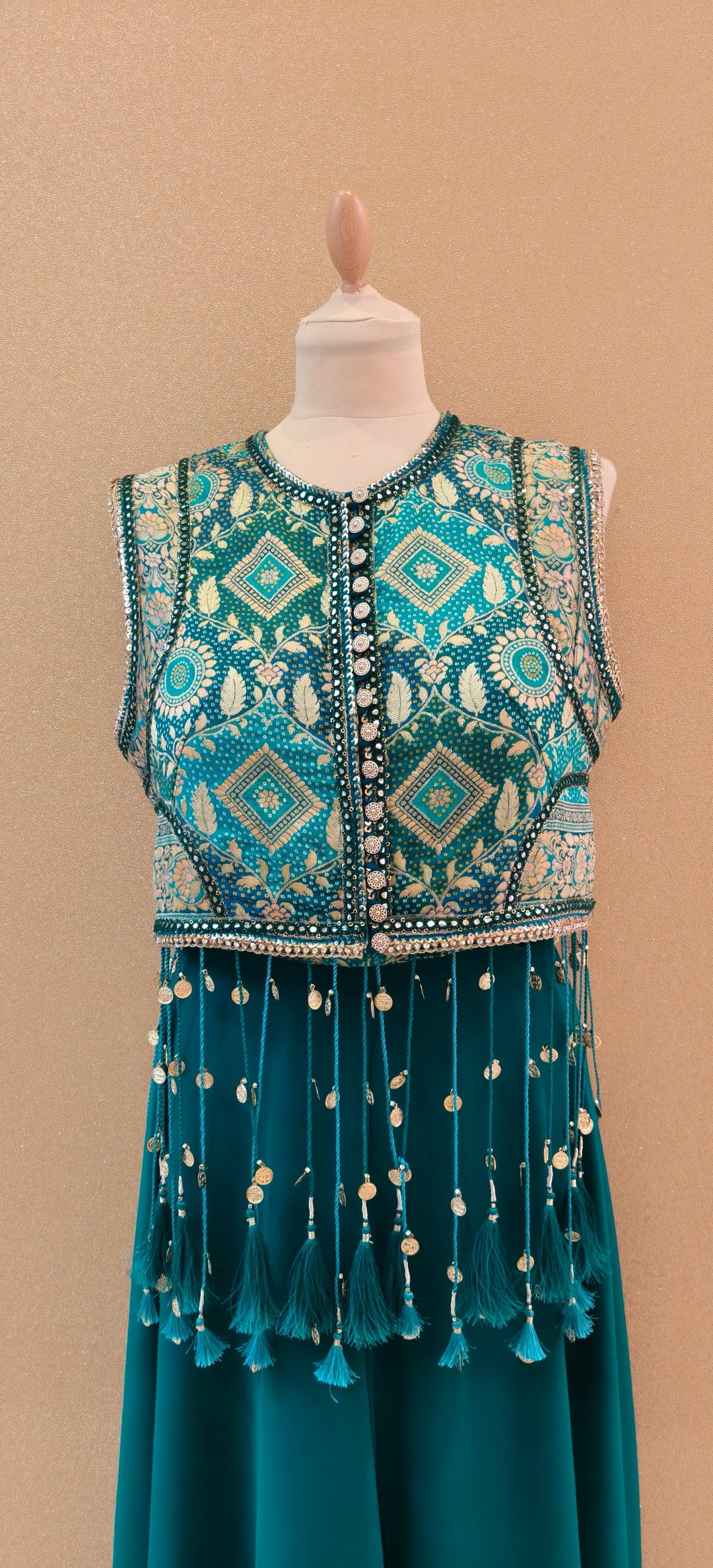 Rama Green Bandhani Gilet with Tassels, Tube and Georgette Sharara| Private Collections