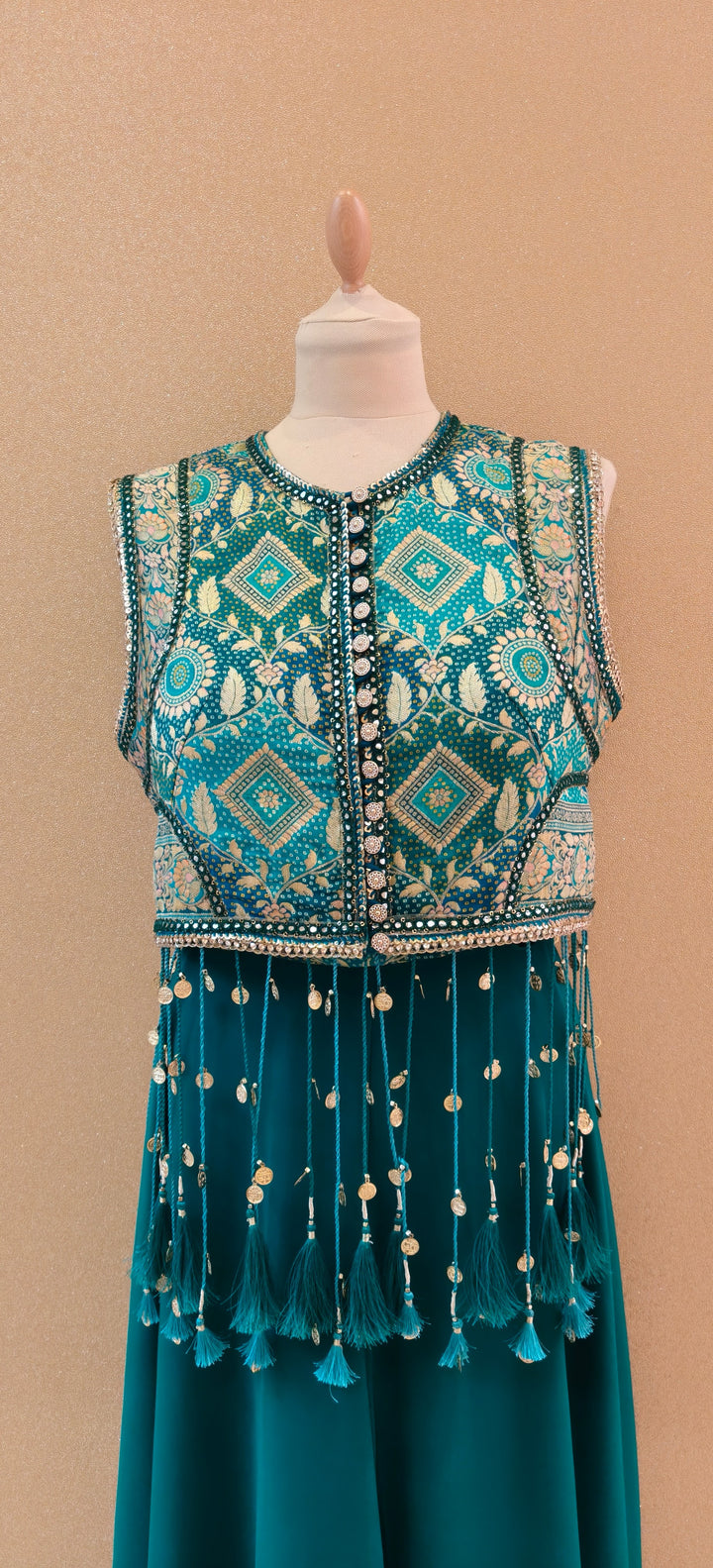 Rama Green Bandhani Gilet with Tassels, Tube and Georgette Sharara| Private Collections