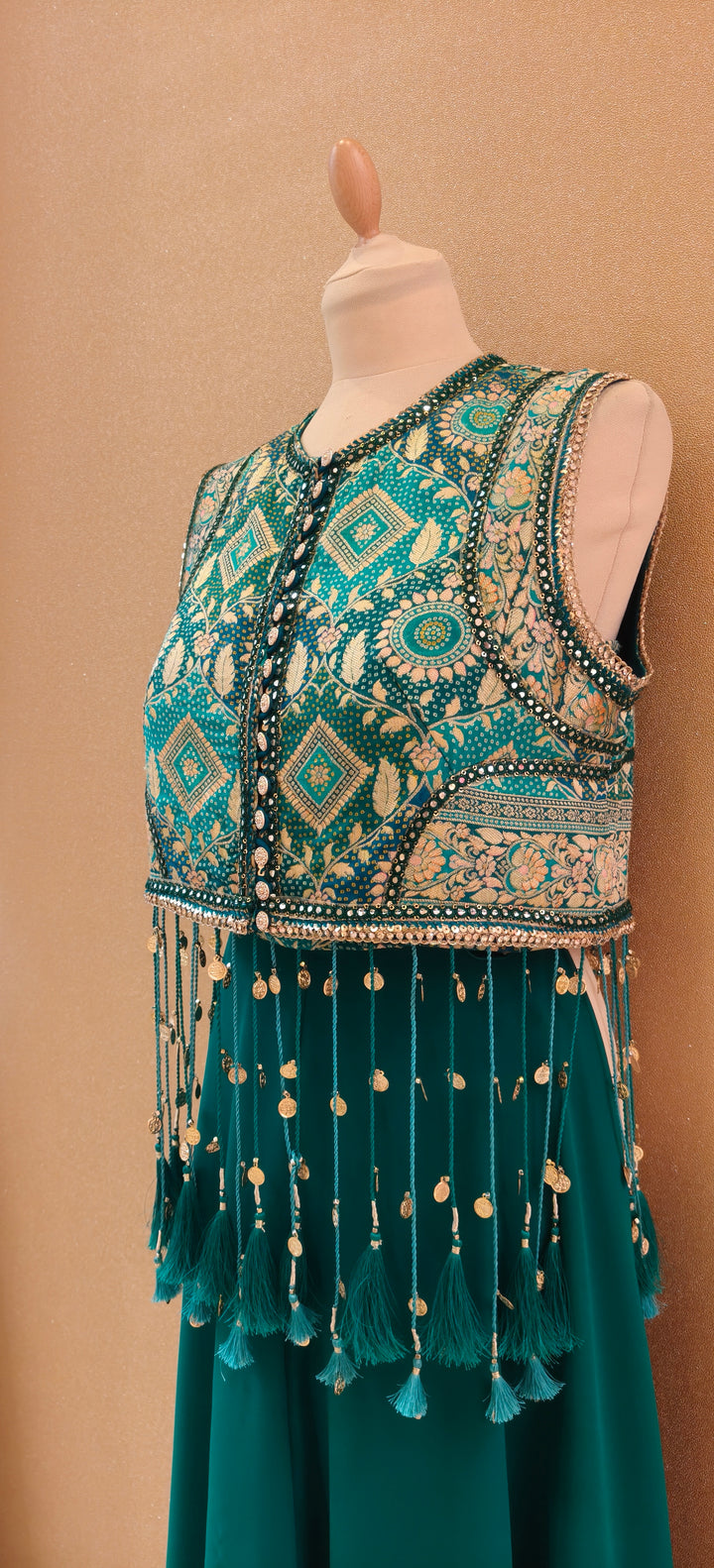 Rama Green Bandhani Gilet with Tassels, Tube and Georgette Sharara| Private Collections