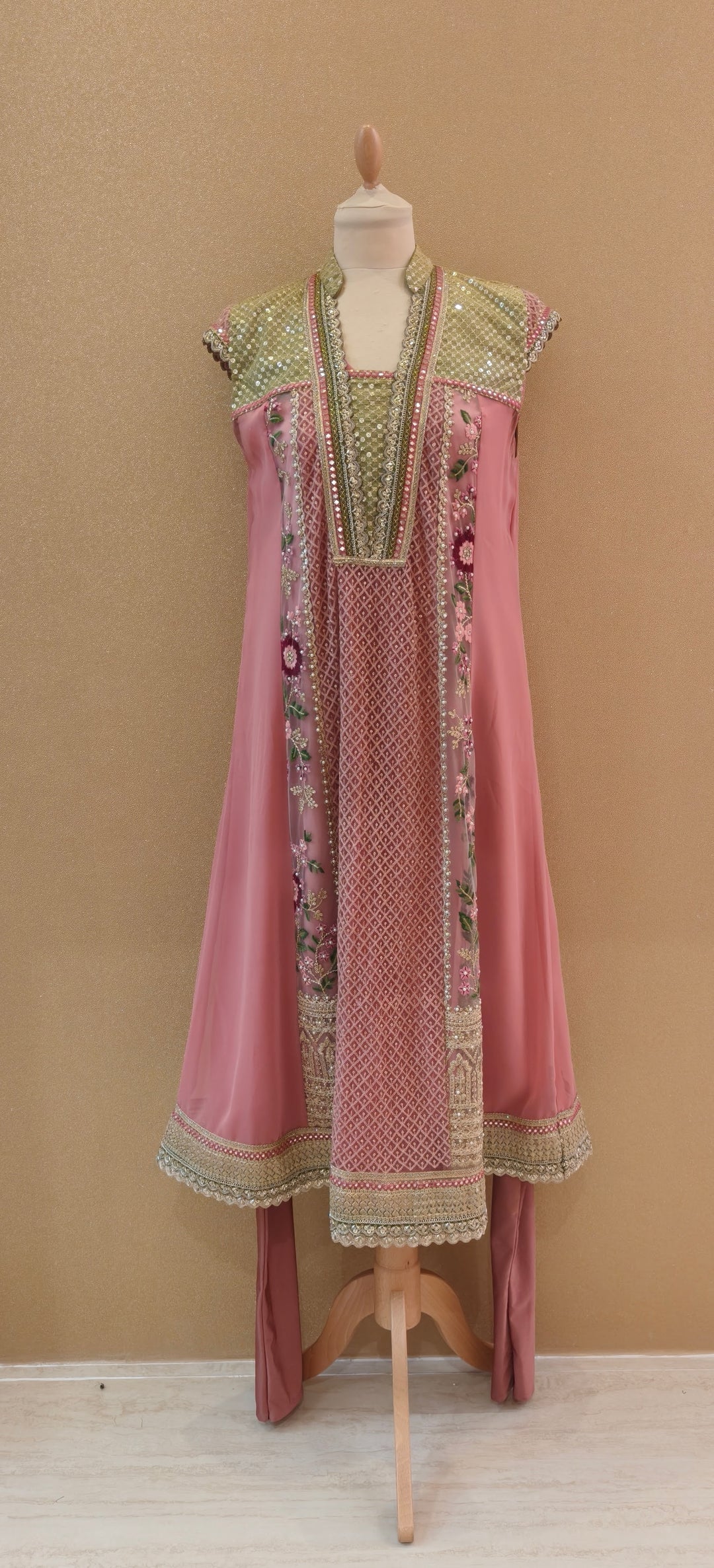 Rose pink and green Kali kurta top with sleep and churidar| Private Collections