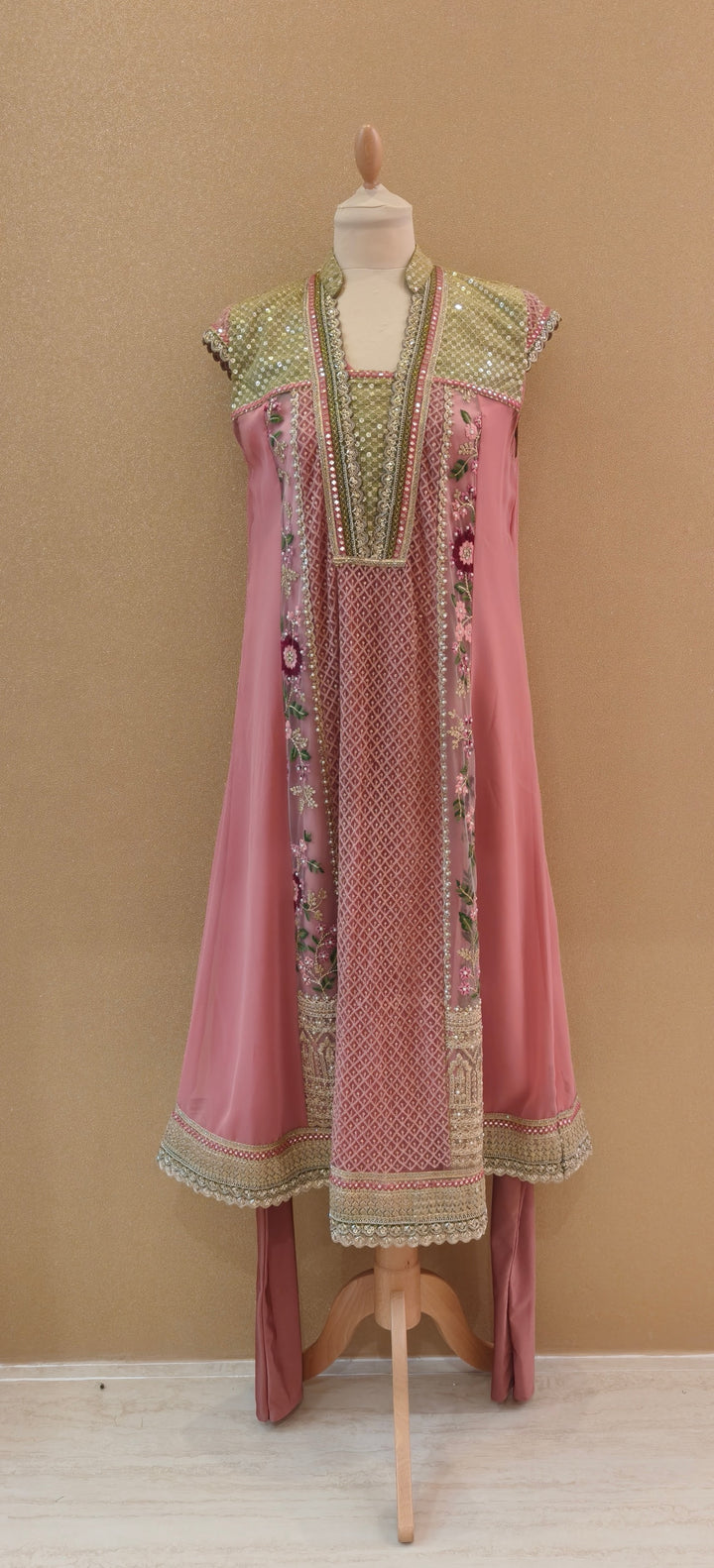 Rose pink and green Kali kurta top with sleep and churidar| Private Collections