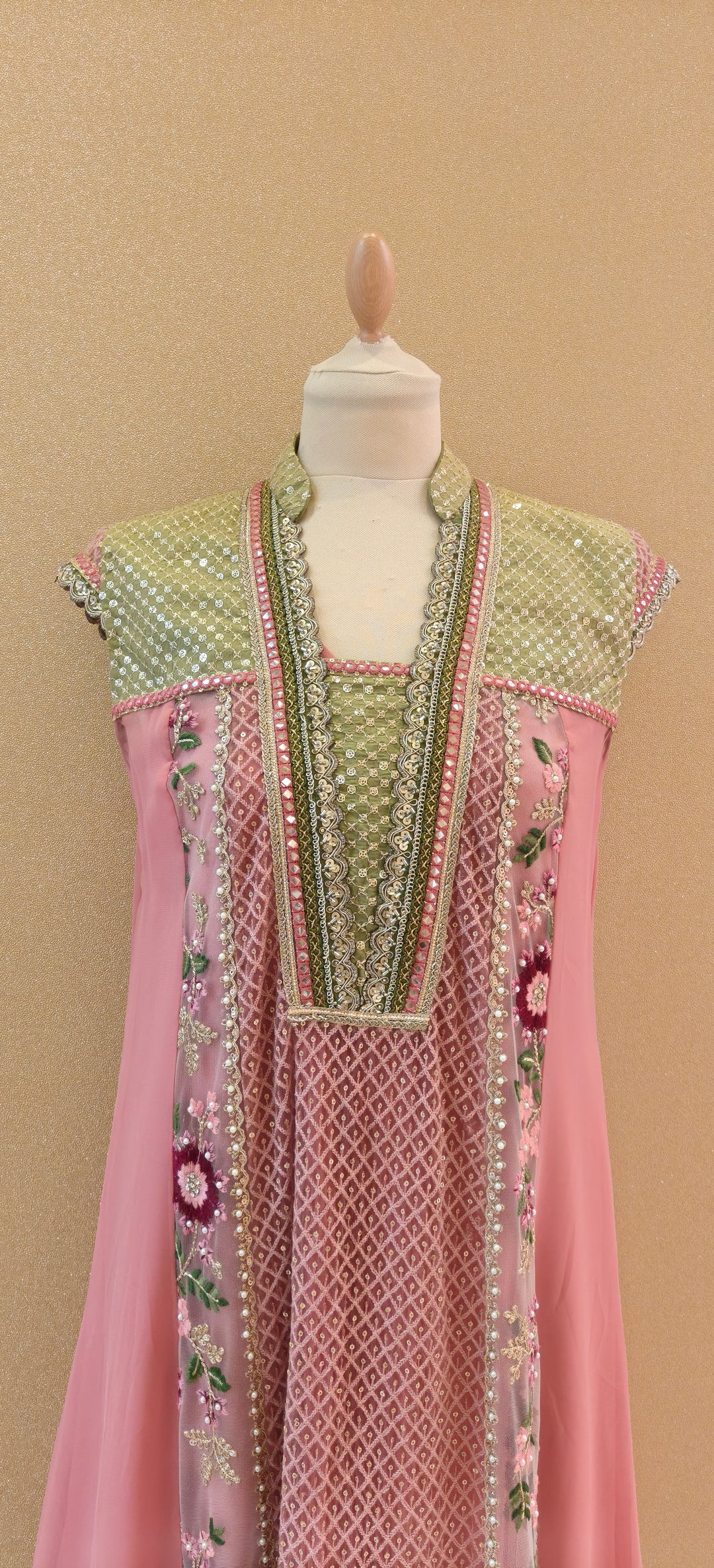 Rose pink and green Kali kurta top with sleep and churidar| Private Collections