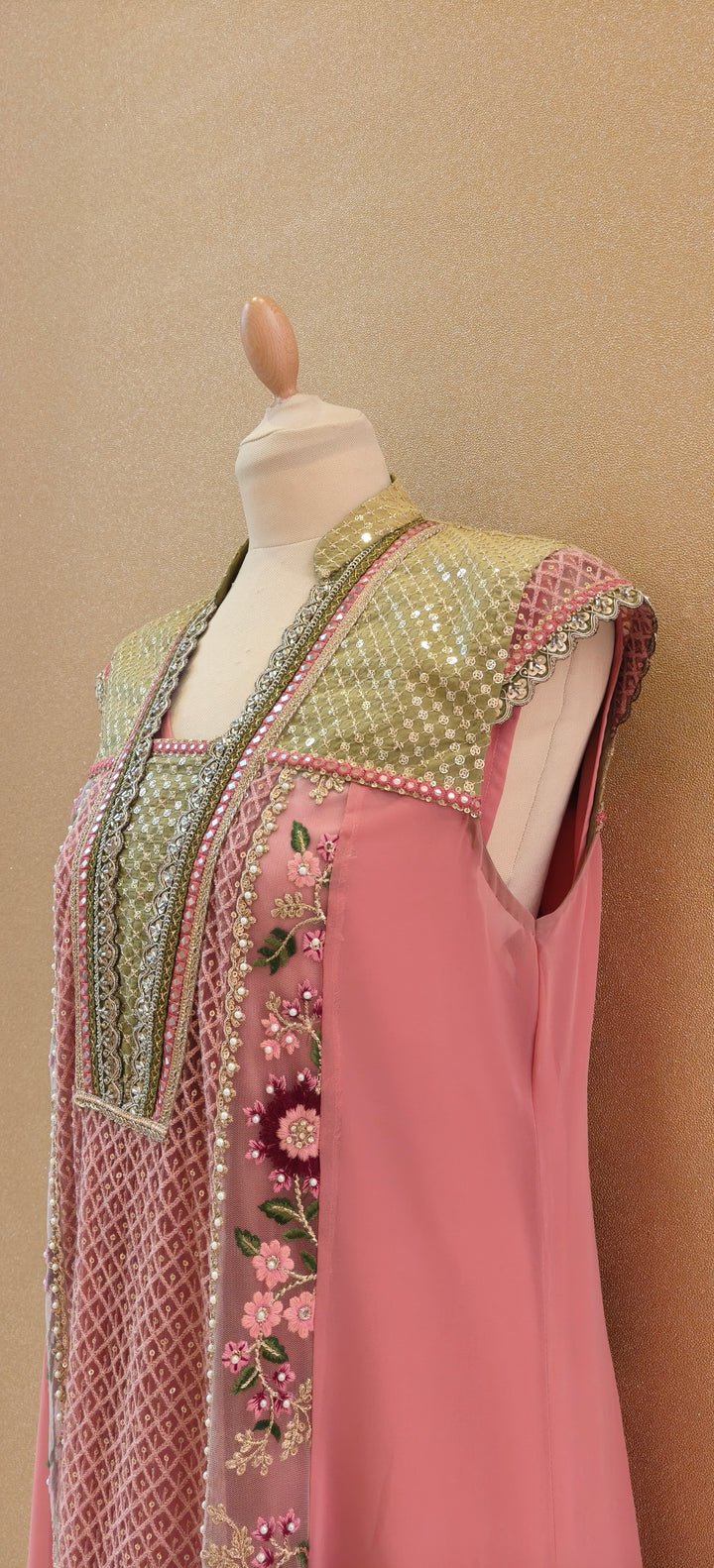 Rose pink and green Kali kurta top with sleep and churidar| Private Collections