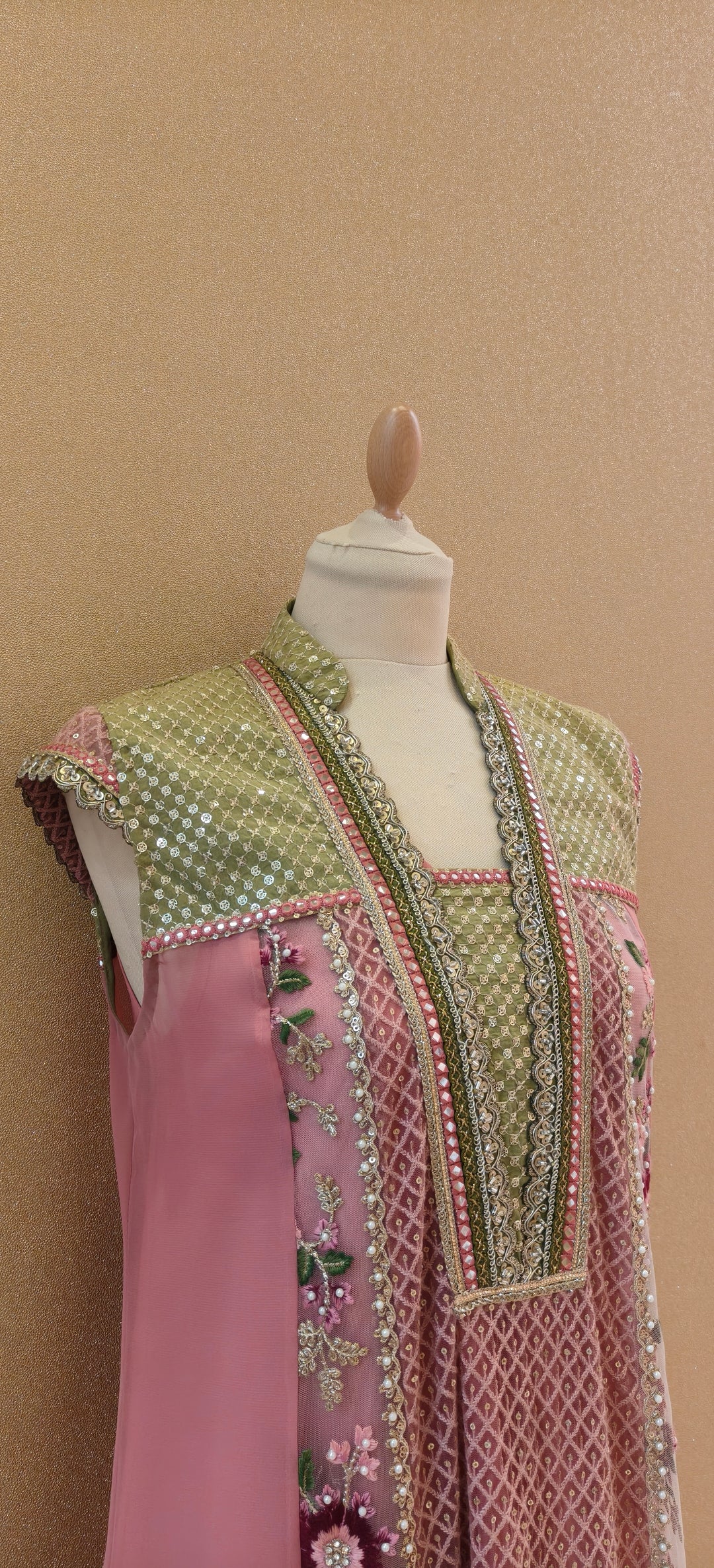 Rose pink and green Kali kurta top with sleep and churidar| Private Collections