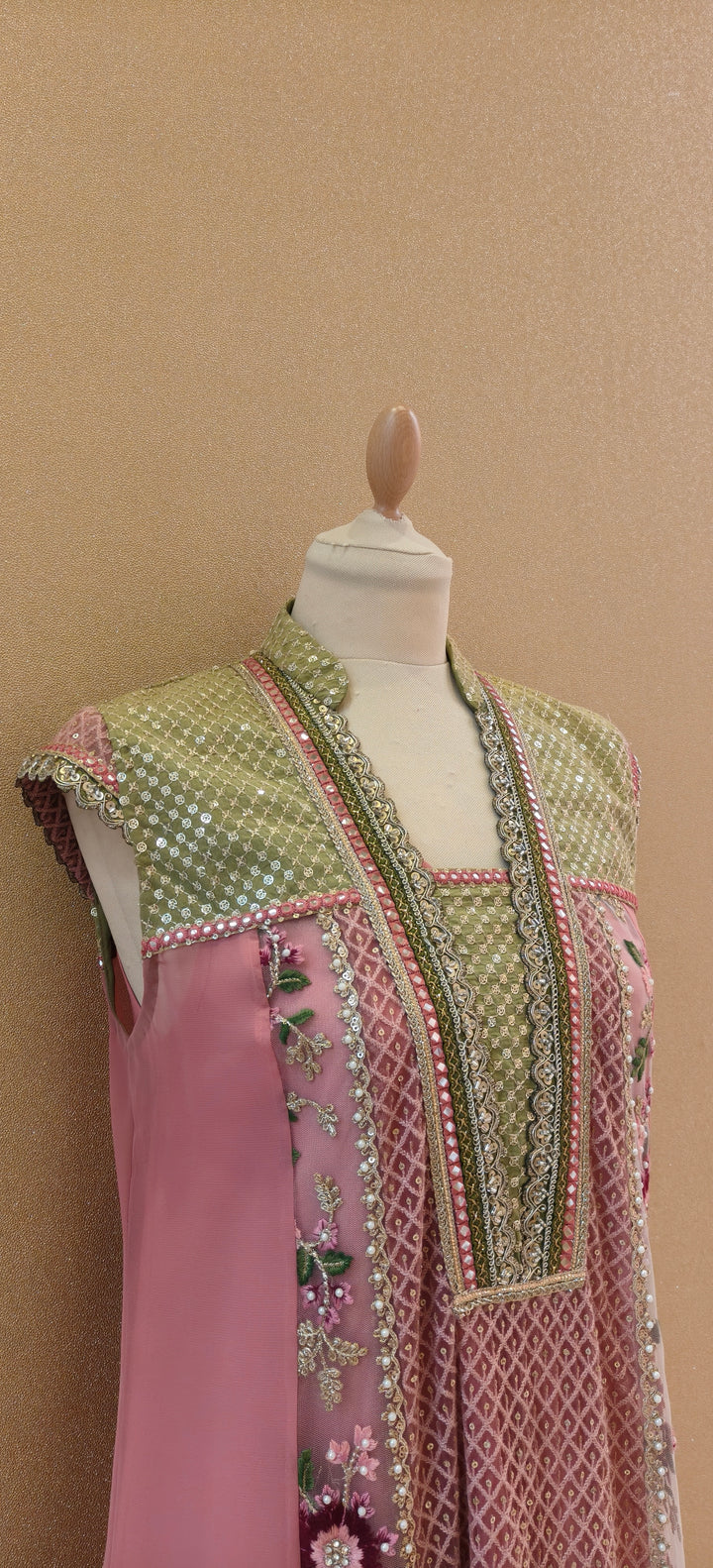 Rose pink and green Kali kurta top with sleep and churidar| Private Collections