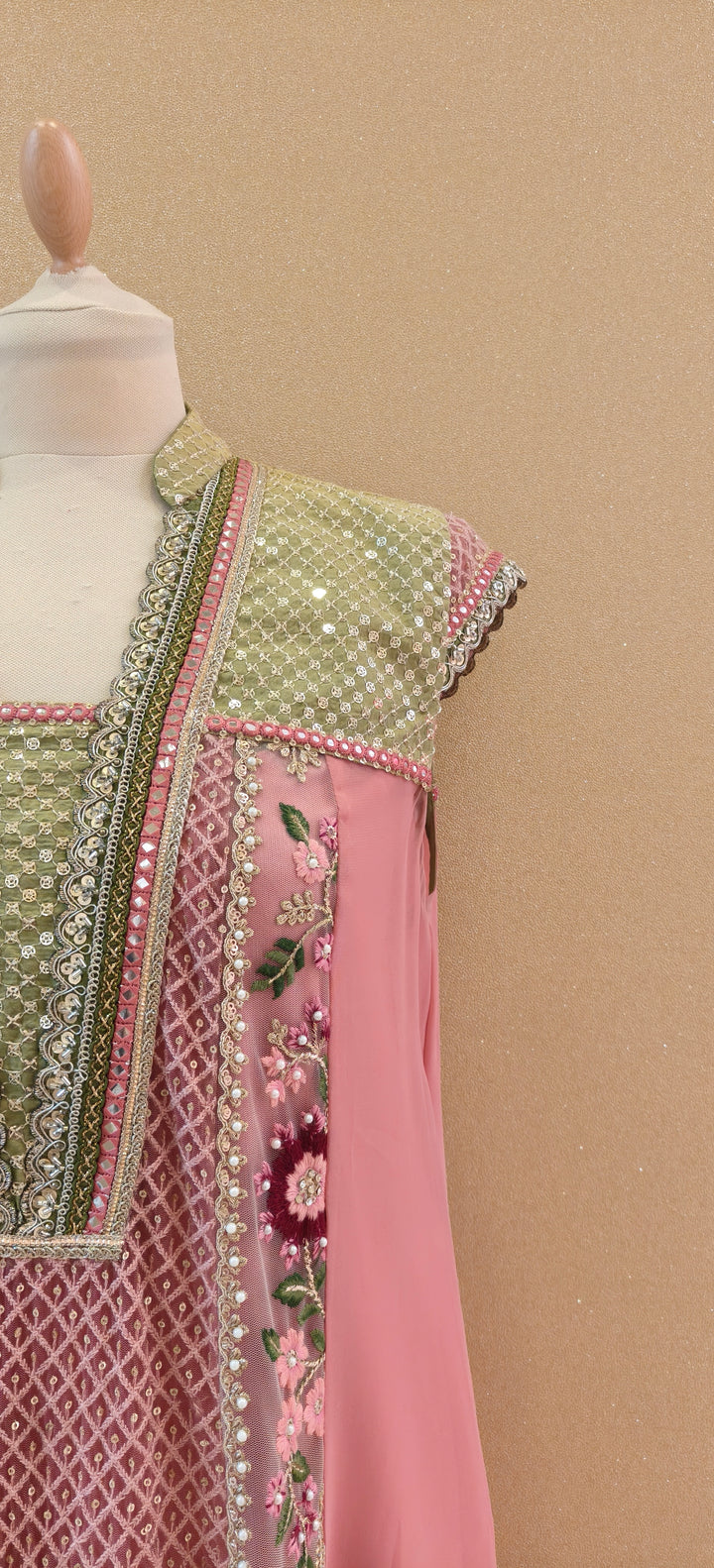 Rose pink and green Kali kurta top with sleep and churidar| Private Collections