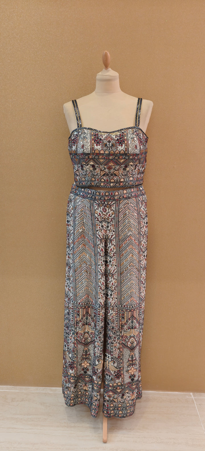 White Thread Work Gilet with Tassels, Tube Top and Straight Pants| Private Collections