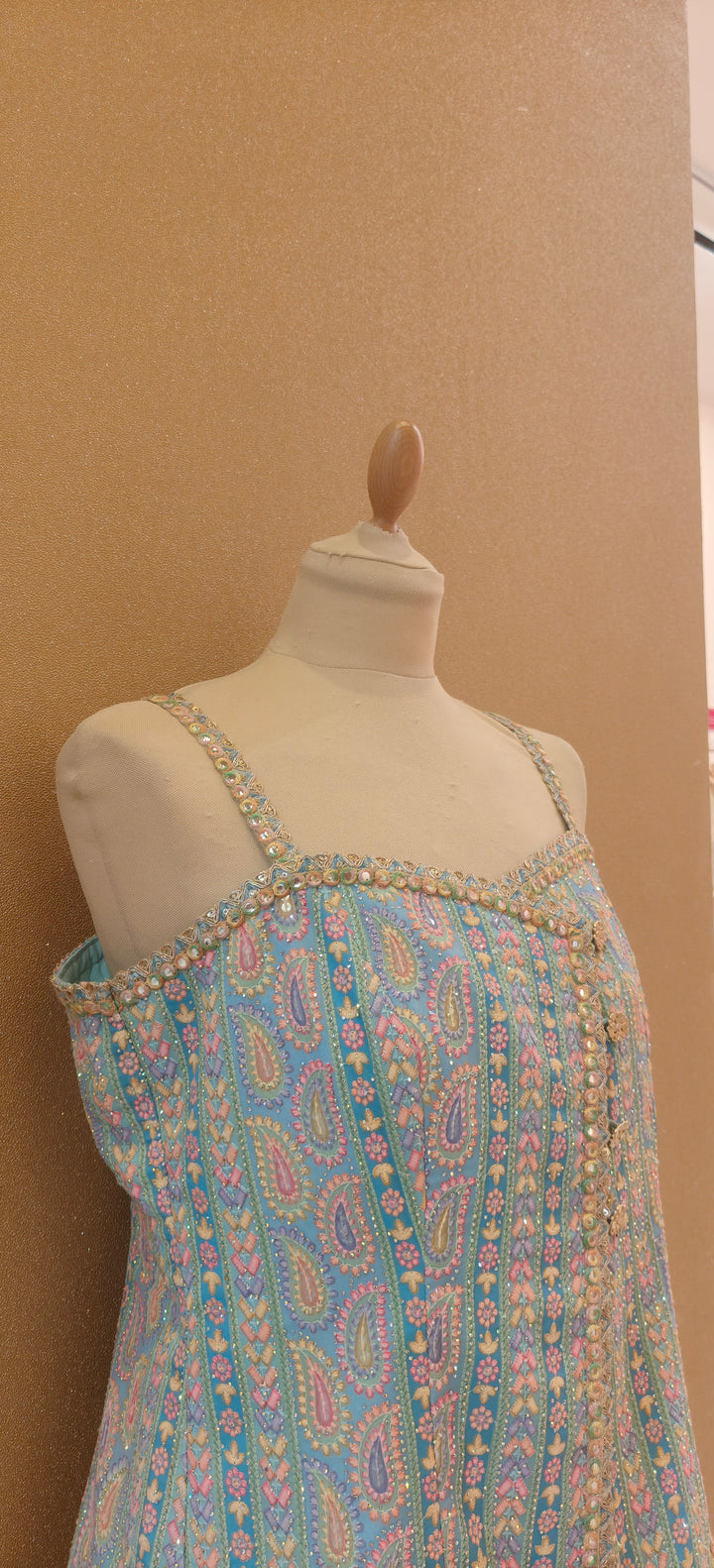 Torquaise Blue Multi Diamond cor-set an asmetrical Sharara| Private Collections